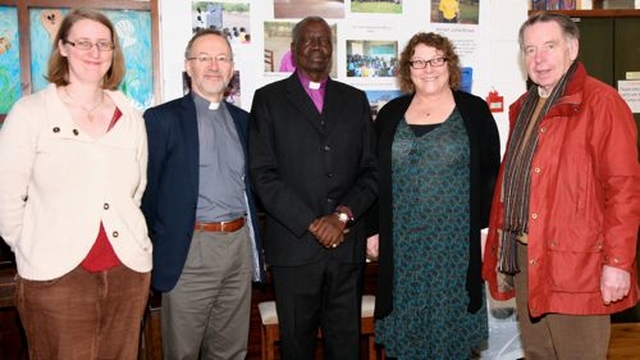 Bishop Hilary Adeba of Yei in South Sudan visited Delgany National School on Monday February 25. He was in Delgany as part of a trip to Ireland to strengthen links between Irish parishes and his diocese. Pictured are Meg Elliott of the Delgany Yei committee; the Revd Nigel Waugh, rector of Delgany; Bishop Hilary Adeba; Patricia Conran, principal of Delgany National School; and Brian Glanville of the Delgany Yei Committee. 