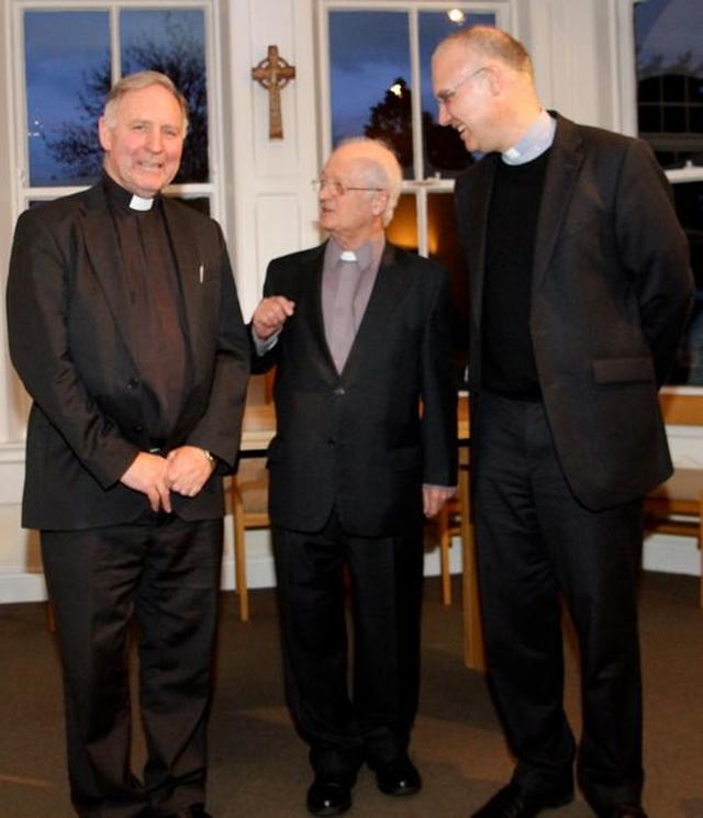 Former principals of the Church of Ireland Theological College, the Revd Canon Professor Adrian Empey and the Revd Canon Professor John Bartlett with the current director of the Church of Ireland Theological Institute, the Revd Dr Maurice Elliott, at the celebrations to mark the 50th anniversary of the Divinity Hostel at Braemor Park yesterday, February 17. 