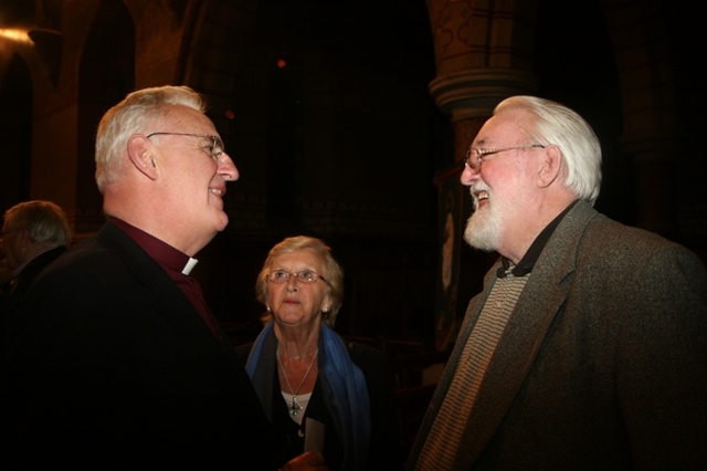 The Archbishop of Dublin, the Most Revd Dr John Neill with the Revd Dr Jerome Murphy-O'Connor, Professor of New Testament at the Order of Malta École Biblique et Archeologique Francaise after Fr Jerome delivered a lecture on the Christian Quarter of Jerusalem. The lecture was organised by the Order of Malta. In the centre is Betty Neill.