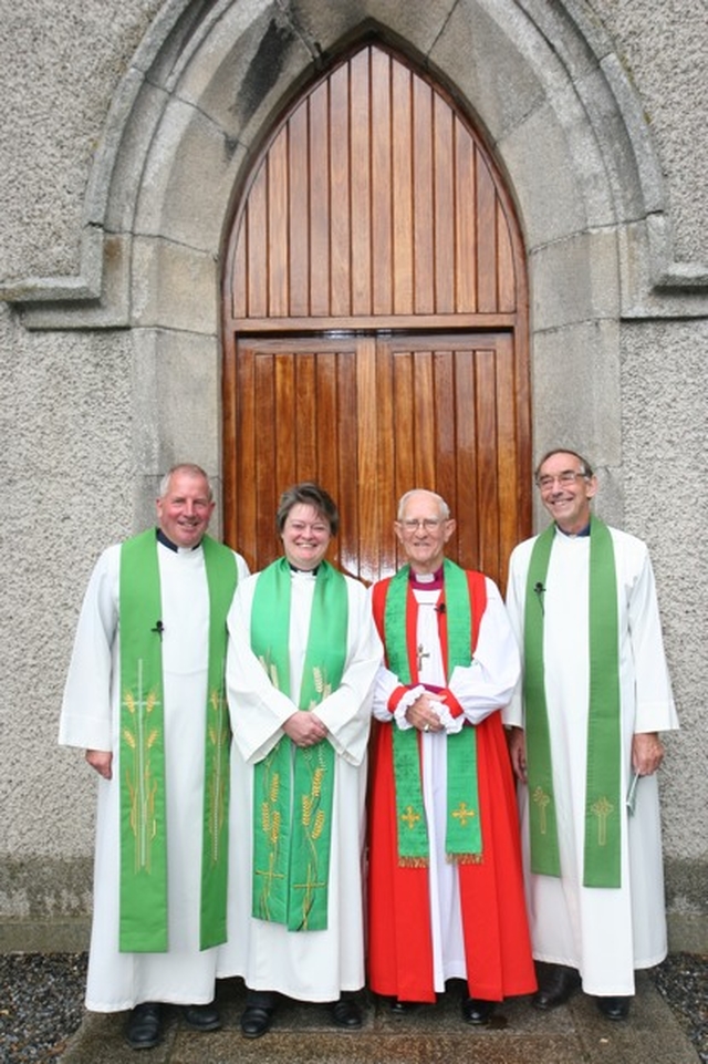 Pictured are clergy gathered in Rathfarnham parish church for a Eucharist marking the blessing and dedication of Rathfarnham war memorial hall. (left to right) the Revd Ted Woods, Rector of Rathfarnham, the Revd Anne Taylor, Curate of Rathfarnham, the Rt Revd Roy Warke, former Bishop of Cork and former Curate of the parish and the Revd Harry Lew.