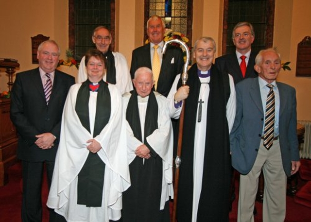 The Board of the Mageough Home (l to r): G Nairn (Manager), Revd A Taylor, Revd H Lew, Revd B Heney (Chaplain), E Brownell, Archbishop Jackson, R Ensor and B Benn following the re–dedication of the chapel.