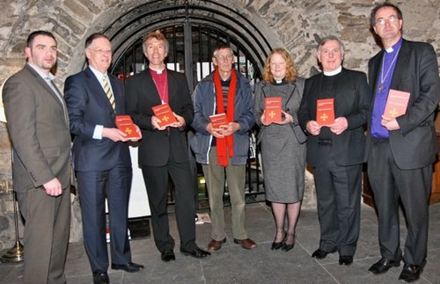 At the launch of Cumann Gaelach na hEaglaise’s bilingual services book in Christ Church Cathedral were Dr Gearóid Trimble of Foras na Gaelige; chairperson of Cumann Gaelach na hEaglaise, Daíthí Ó Maolchoille; the Bishop of Bangor, the Right Revd Andrew John, Cynog Dafis, Canon Nia Catrin Williams, the Revd Gwynn ap Gwilyn and Bishop of Cashel and Ossory, the Right Revd Michael Burrows. 