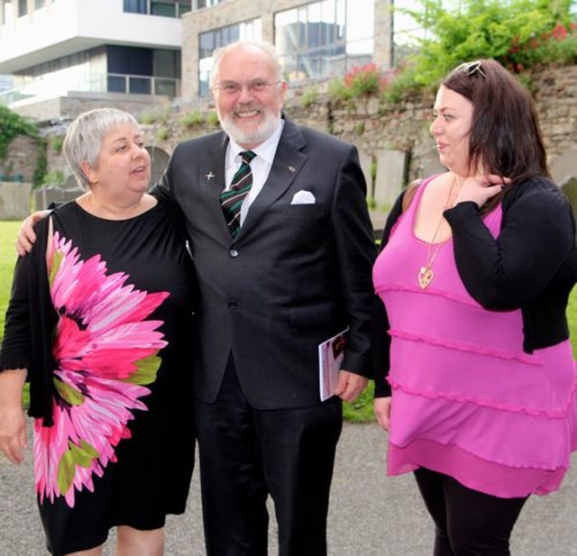 Senator David Norris chats to Linda Chambers National Director of Us. in Ireland (left) and her daughter, Clare following the service celebrating a new name and a new home for Us. (formerly USPG) which took place in St Michan’s Church on Wednesday May 29.