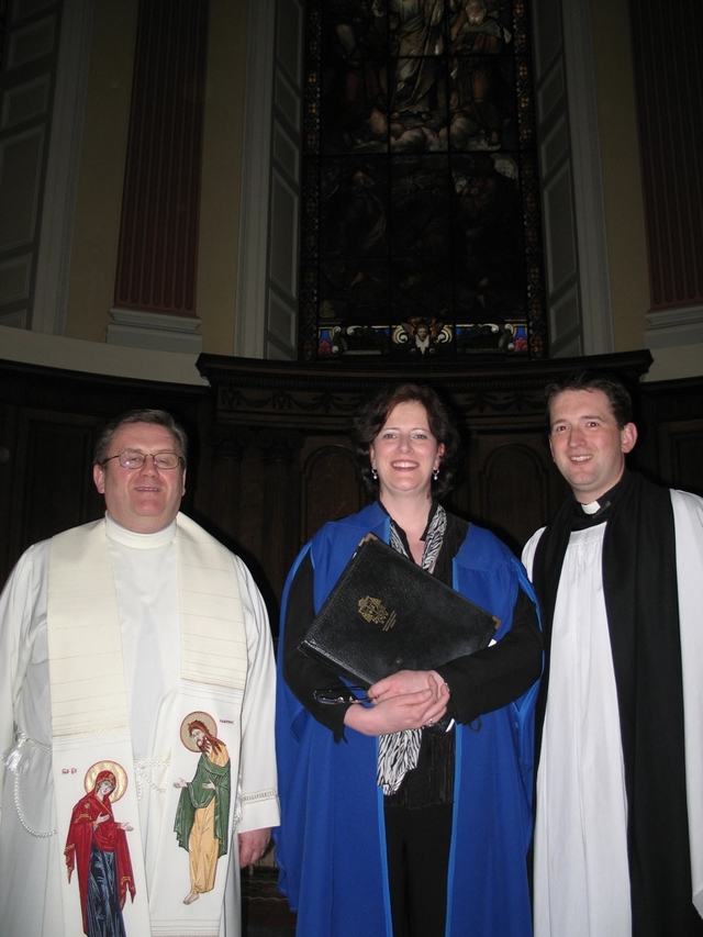 Pictured at the RSCM Festival Service in Trinity College Dublin Chapel are (left to right) the Very Revd Canon John Flaherty, Administrator of the Pro-Cathedral in Dublin, Blanaid Murphy, Musical Director of the Pro-Cathedral’s Palestrina Choir and the Revd Darren McCallig, Chaplain at Trinity College Dublin.