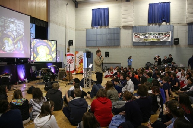 Pictured is Greg Fromholz, Director of 3 Rock youth speaking at their 'Advance' day for young people in Taney Parish Centre.