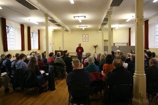 Pictured is John Bell of the Iona Community speaking at the Living Worship Course session in Rathgar Presbyterian Church. The course has been organized by the Diocesan Church Music Committee.