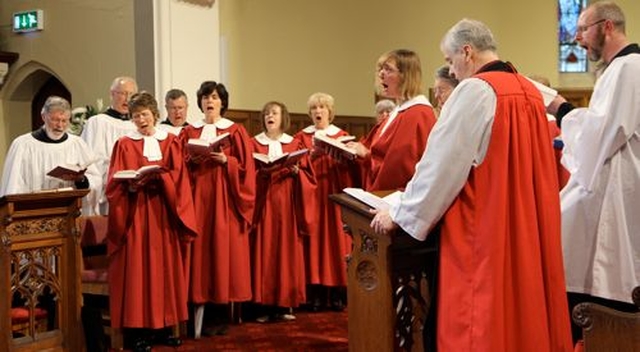 The Choir of St Paul’s Church, Glenageary, performing at the Service of Thanksgiving following the restoration of the church on April 21. Also pictured is Archbishop Michael Jackson. 