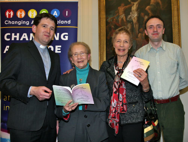 Pictured at the launch of Changing Attitudes Ireland’s book “Moving Forward Together” in the Gallery Chapel of Trinity College Dublin are Church of Ireland chaplain at TCD, Revd Darren McCallig; Judge Catherine McGuinness, who launched the book; and the book’s editors, Canon Virginia Kennerley and Dr Richard O’Leary. 