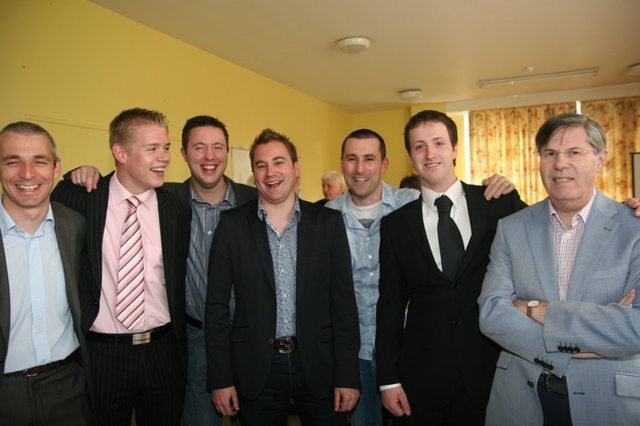 At the graduation ball of the Church of Ireland College of Education are Andy Greer (Leitrim), Edward Lowe (Adare), Colm O' Hargain (Dublin), Ian Packham (Cork), Gareth Fallon (Dublin) and Leo Frost, Lecturer in Maths in the Church of Ireland College of Education.