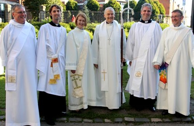 The Revd Trevor Holmes, the Revd Ian Horner, the Revd Linda Frost, the Revd David Bowles and the Revd Eugene Griffin with Archbishop Michael Jackson following the service in which they were ordained to the diaconate in Christ Church Cathedral on Sunday September 23. 