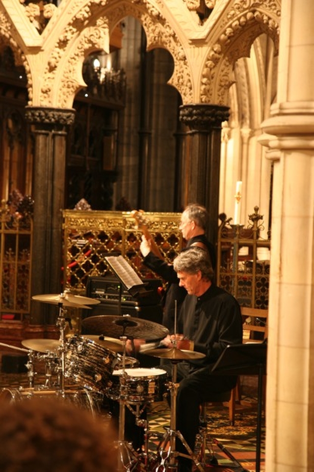 Neil Francis (bass guitar) and Phil Laslett (drums), part of the David Rees-Williams Trio play in Christ Church Cathedral as part of the Handel Festival.