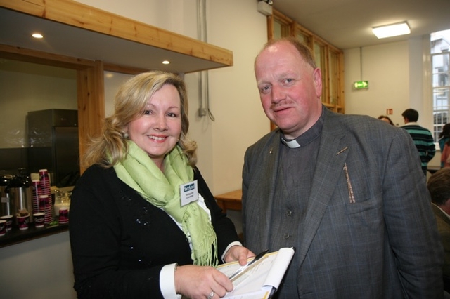 Pictured are Hildegarde Crimmins of Tearfund and the Revd William Deverell, Rector of Tallaght at the Tearfund-hosted seminar in the Trinity Exchange Church in Dublin on Tearfund's work in Haiti and Uganda.