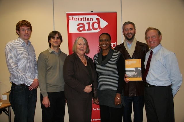 Pictured at Christian Aid's 'Trace the Tax' discussion were guest speaker Revd Suzanne Matale, General Secretary of the Zambian Council of Churches and members of Christian Aid (l-r) Simon Farrell, David Thomas, Margaret Boden (CEO), Sorley McCaughey and Denis Poynton.