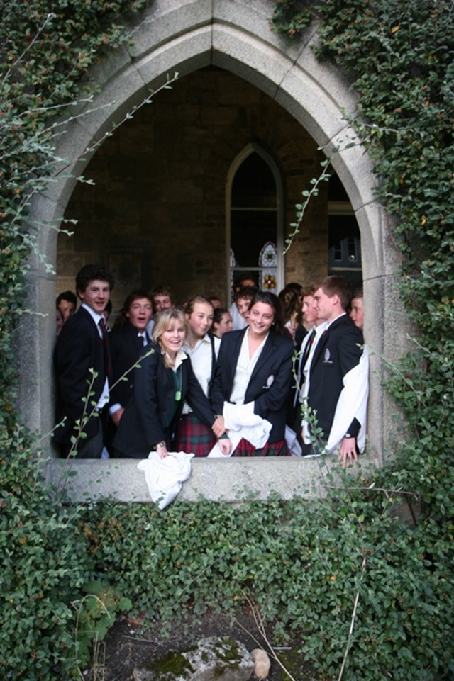 Pictured are students of St Columba's College prior to the commissioning of the Revd Nigel Crossey as new College Chaplain.