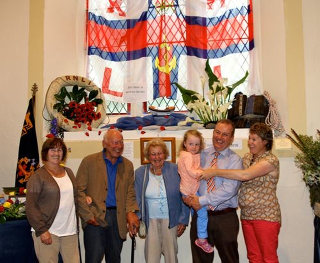 Mary and Bertie Johnson, Betty Lowe and Richard, Catherine and Annette Lowe at the window Betty decorated for the flower festival in St Patrick’s Church, Greystones. The window is dedicated to Betty’s grandfather, John Doyle, in honour of his bravery as a member of the RNLI. 