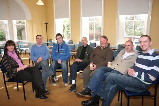 Anna Nolan from RTE's Spirit Level Programme about to interview Students of the Church of Ireland Theological Institute on their Shave Tuesday project for charity. The students are (left to right) David McDonnell, Simon Genoe, Patrick Burke, Mike Dornan, Colin Welsh and Robert Ferris.