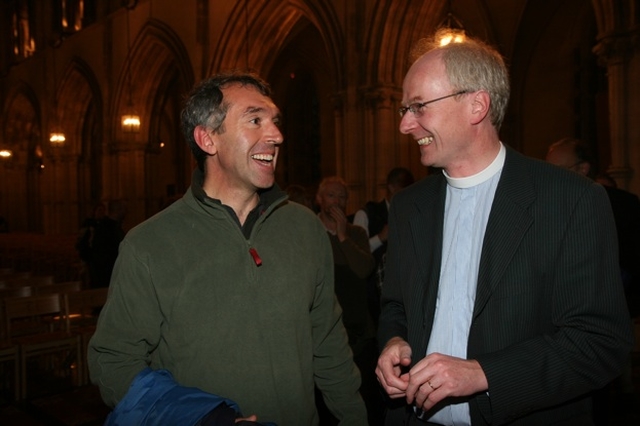 The Rt Revd Andrew John, Bishop of Bangor in the Church in Wales (left) with the Revd Niall Stratford at a reception for visiting clergy from the Diocese of Bangor.