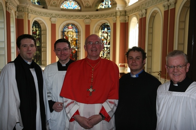 Pictured with the Chaplains of Trinity College Dublin is His Eminence Sean Cardinal Brady (centre) during his visit there to preach at the Trinity Monday service of Thanksgiving and Commemoration. The Chaplains pictured are (left to right) the Revd Darren McCallig (Church of Ireland), Fr Kieran Dunne (Roman Catholic), the Revd Julian Hamilton (Methodist and Presbyterian) and Fr Paddy Gleeson (Roman Catholic).