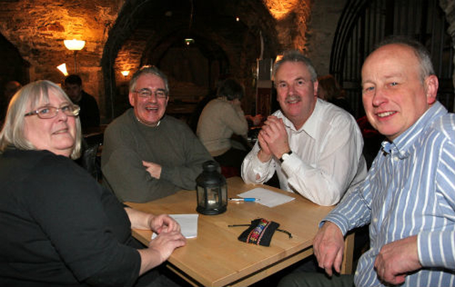 The Coddled Eggs’ are all set for action in the Crypt table quiz in Christ Church Cathedral. The team is made up of Hilary and Ted Ardis and Geoffrey McMaster and Derek Neilson. 