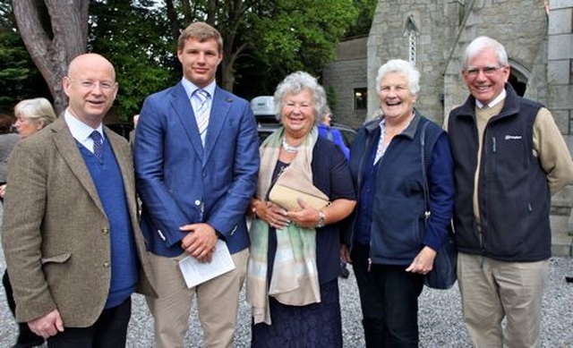 Canon Ian Sherwood, Stefan Tonge, Iris Sherwood, Denise Lovegrove and Geoff Lovegrove outside Tullow Church, Carrickmines, following the 150th anniversary celebration service. 