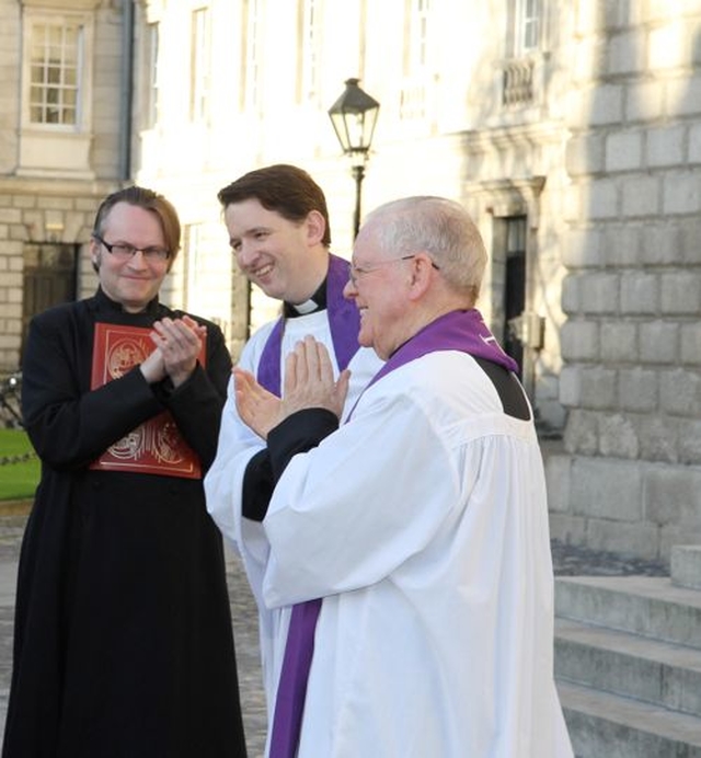 Brian Conry, the Revd Darren McCallig and Fr Paddy Gleeson following Darren’s last service as Dean of Residence in TCD. 