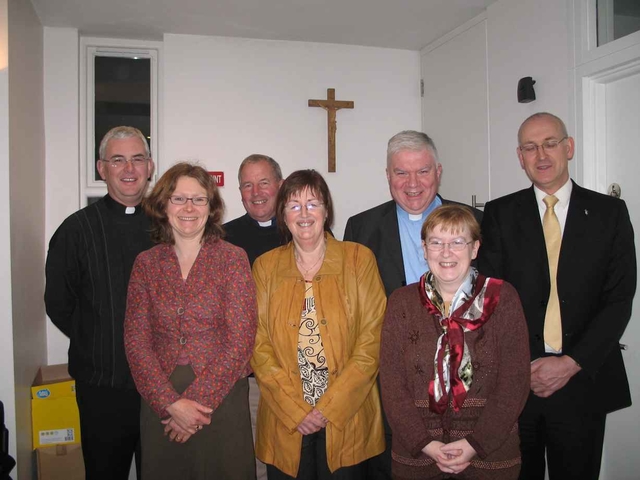 Pictured at the ecumenical lenten lecture in Rathfarnham on the Church and Education are (Back row left to right) Fr Gerry Kane, the Revd Ted Woods, Rector of Rathfarnham, Monsignor Dan O’Connor of the Catholic Primary School Management Association and Paul Rowe of Educate Together. (front Row left to right are event organizers Sylvia Thompson, Joan Forsdyke and Bridget Hanratty.