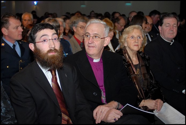 The Archbishop of Dublin, the Most Revd Dr John Neill and his wife Betty at the Holocaust Memorial service in the Mansion House, Dublin. Also pictured (left) is Rabbi Zalman Shimon Lent of the Dublin Hebrew congregation (Tommy Clancy)