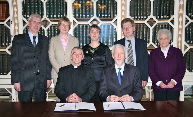 Pictured after the signing of the inter-institutional agreement between the Church of Ireland College of Education and Trinity College Dublin are (back row) Michael Gleeson, Director of Strategic Innovation at TCD; Dr Susan Hood, Board of Governors' representative; Dr Anne Lodge, Principal of CICE; Professor Juergen Barkhoff, TCD Registrar; Dr Susan Parkes, Board of Governors' representative; and (front row) the Ven David Pierpoint, Archdeacon of Dublin; and John Hegarty, Provost of TCD.