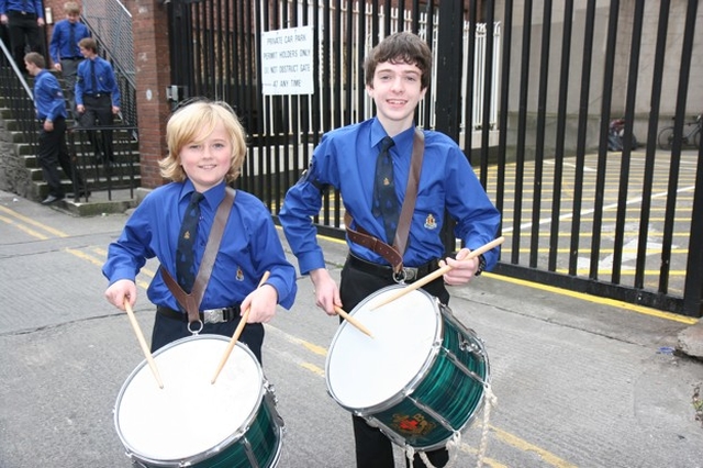 Boys Brigade Drummers get ready to lead at the Brigade's Founder's Thanksgiving Parade Service from St Ann's Church, Dawson Street, Dublin.