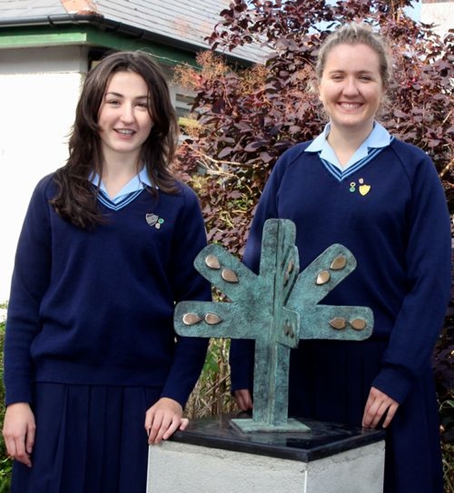 Head Girl, Louise Mulrennan and Deputy Head Girl, Ellen Dooley, following the unveiling of a sculpture to mark the 40th anniversary of Rathdown School on September 4. 