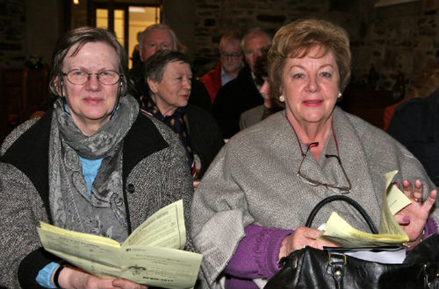 Preparing to enjoy the 4 Cellos concert in Calary Church were Annick Smith and Madaline Irwine. 