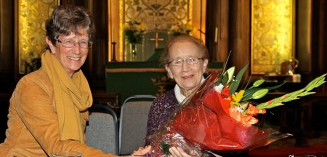 Mrs Justice Catherine McGuinness (right) is presented with flowers by Pat Barker following the Changing Attitude Ireland public lecture in St Ann’s Church, Dawson Street, on Saturday October 26. Her lecture marked the 20th anniversary of the decriminalisation of homosexuality in Ireland and focused on the next steps for same sex couples. 