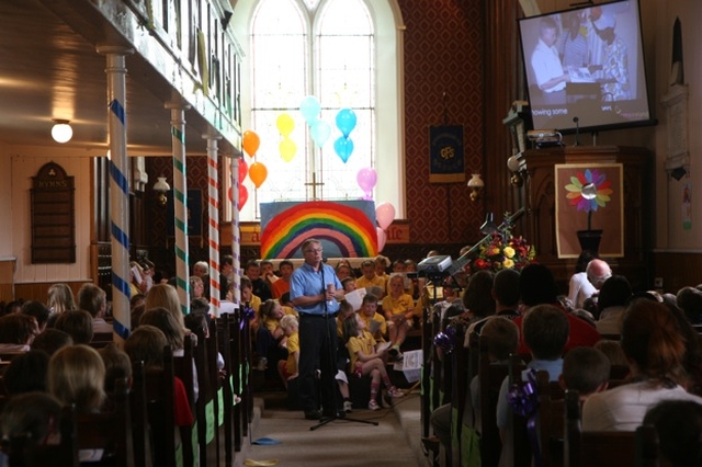 David Gough, CMS Ireland Regional Mission Partner for Sudan, Egypt and Zambia speaking to the pupils of West Glendalough schools at the service that preceded their sports day in Donaghmore.