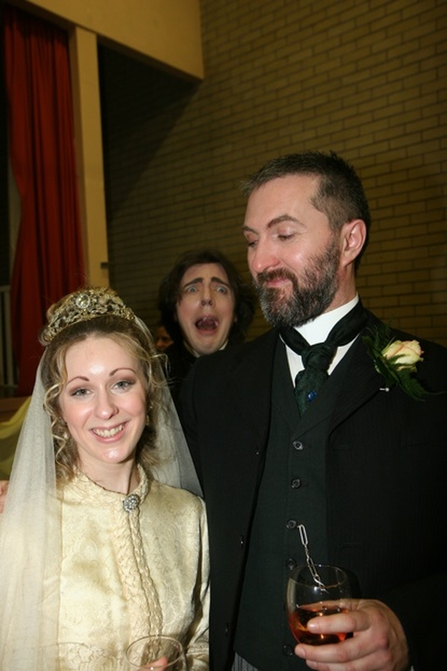 Bram Stoker (played by Edward Brennan) and Florence Balcombe (Mary Cate Smith) at the re-enactment of the wedding of Bram Stoker and Florence in St Ann's Church, Dawson Street. In the background is a distraught Oscar Wilde (Aodán Ó Coileán). Bram Stoker, most famous for writing Dracula married Florence, the sweetheart of Oscar Wilde in St Ann's in 1878. The wedding will be re-enacted again on Sunday 6 April.