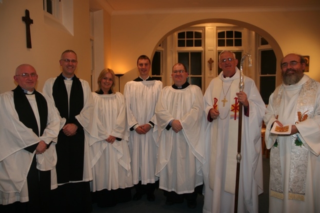 Pictured with the Archbishop of Dublin, the Most Revd Dr John Neill (2nd right) are Dublin and Glendalough students at the Church of Ireland Theological Institute following their commissioning as student readers. They are (centre left to right) Nicola Halford, John Godfrey and Martin O'Kelly. Also pictured are staff at the Church of Ireland Theological Institute, (left to right) the Revd Paddy McGlinchey, the Revd Dr Maurice Elliott and the Revd Canon Patrick Comerford.