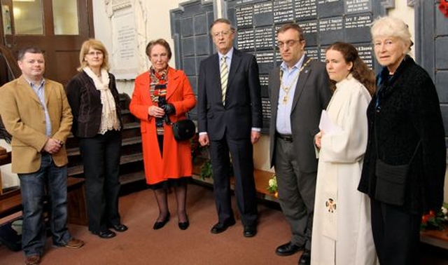 Members of the committee of Cumann Gaelach na hEaglaise laid a wreath before the anniversary service in St Ann’s. Pictured are Aonghus Dwane, Caroline Nolan, Eileen McCracken, Dáithí Ó Maolchoille, Cllr Mícheál Mac Donncha, representing the Lord Mayor of Dublin, the Revd Elaine Dunne and Hileáire Carey.