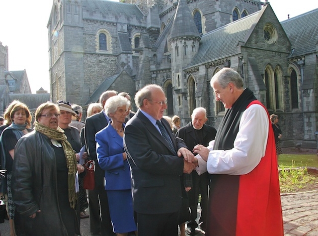 The Most Revd Dr Michael Jackson, Archbishop of Dublin and Bishop of Glendalough, greeting members of the congregation following his enthronement in Christ Church Cathedral.