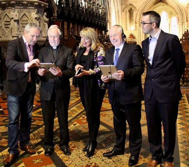 Andrew Dunne of appybeacons, Dean of St Patrick’s, the Very Revd Victor Stacey, Aisling Bolger of appybeacons, Minister of State for Tourism, Michael Ring and Andrew Smith, St Patrick’s Cathedral education officer at the launch of the new St Patrick’s Cathedral App. 