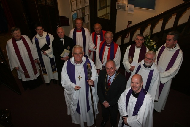 Pictured at his institution as Vicar of St Ann's with St Mark's and St Stephen's parishes in Dublin is the Revd David Gillespie (right). He is pictured with the Archbishop of Dublin, the Most Revd Dr John Neill and Cllr Dermot Lacey, representing the Lord Mayor of Dublin and some of the clergy present at his institution including the former Bishop of Derry and Raphoe, the Rt Revd James Mahaffey (who gave the address) and the former Bishop of Connor, the Rt Revd Samuel Poyntz (former Vicar of St Ann's).