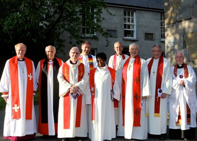 Pictured outside St Michan’s Church, Dublin, before the service celebrating a new name and a new home for Us. (formerly USPG) on Wednesday May 29 were: the Rt Revd Patrick Rooke, Bishop of Tuam; the Rt Revd Ken Clarke, Mission Director of SAMS UK and Ireland; the Most Revd Dr Richard Clarke, Archbishop of Armagh; the Rt Revd Michael Burrows, Bishop of Cashel and Ossory; the Rt Revd Ellinah Wamukoya, Bishop of Swaziland; the Very Revd Dermot Dunne, Dean of Christ Church Cathedral, Dublin; the Most Revd Dr Michael Jackson, Archbishop of Dublin; the Rt Revd Trevor Williams, Bishop of Limerick; and the Very Revd Victor Stacey, Dean of St Patrick’s Cathedral, Dublin. 