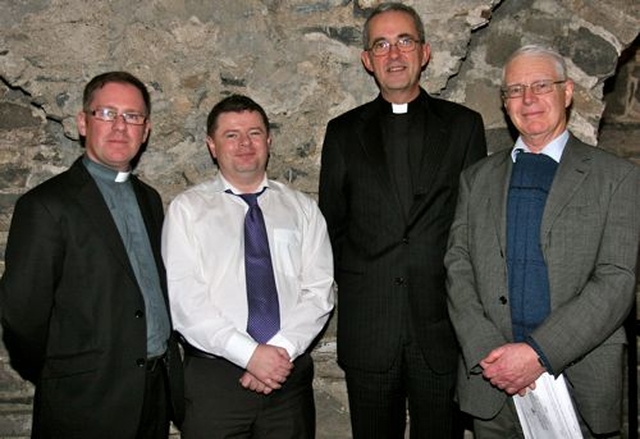 The Revd David White from CITI; Aongus Dwane, honorary secretary of Cumann Gaelach na hEaglaise; the Dean of Christ Church Cathedral, the Very Revd Dermot Dunne; and Hugh Finlay representing the committee of the Irish Association attended the launch of the Cumann’s Bilingual services book in Christ Church Cathedral. 