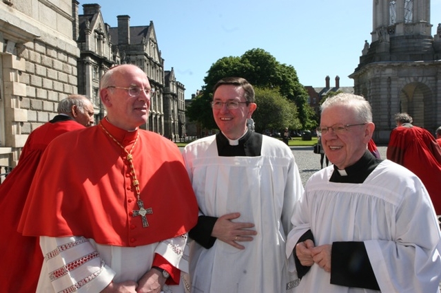 Pictured in Trinity College Dublin is His Eminence Sean Cardinal Brady during his visit there to preach at the Trinity Monday service of Thanksgiving and Commemoration. Also pictured are the two Roman Catholic Chaplains to the University Fr Kieran Dunne and Fr Paddy Gleeson.