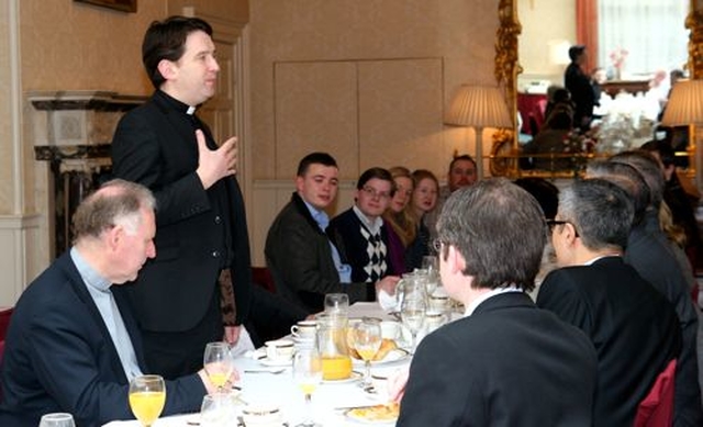 Dean of Residence at Trinity College Dublin, the Revd Darren McCallig, welcomes Elder Fu Xianwei, the Chairperson of National Committee of Three–Self Patriotic Movement of the Protestant Churches in China and the Revd Peter Koon, Provincial Secretary General of the Hong Kong Sheng Kung Hui (Anglican Province of Hong Kong) at a special breakfast following Morning Prayer in the College Chapel this morning (March 19).