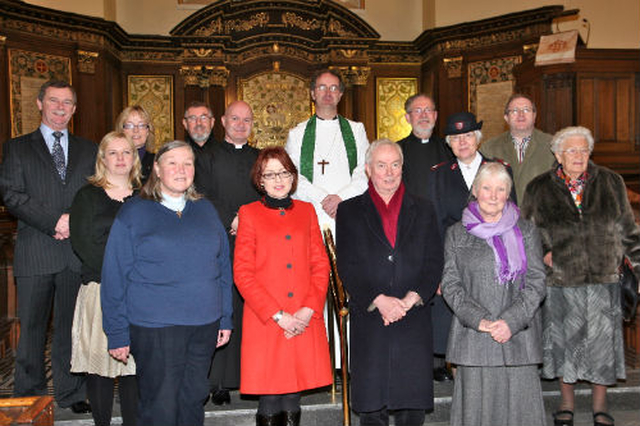 Representatives of  the charities which benefited from the 2011 Black Santa Sit Out gathered in St Ann’s Church on Dawson Street, to receive their cheques. Pictured are representatives of the Society of St Vincent de Paul, Protestant Aid, the Salvation Army, Trust, the LauraLynn Foundation, the Samaritans, the Church of Ireland Discovery Committee, PACT, Barnardos and the Dublin Simon Community with Bishop Michael Burrows who preached at the service and represents Bishops’ Appeal and Vicar and Curate of St Ann’s Revds David Gillespie and Martin O’Connor. 