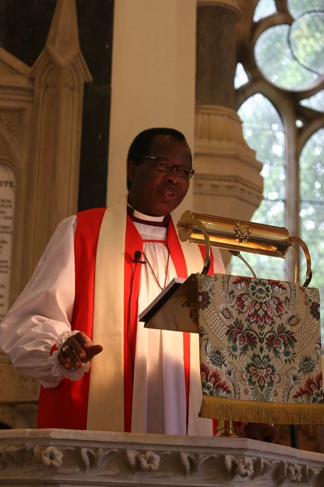 The Most Revd Adebola Ademowo, Archbishop of Lagos, preaching in Whitechurch parish which he visited to baptise his grandchild, John.