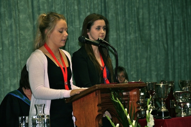Two Prefects, Dervla Malone and Rachel Lavelle, presenting a report on 2009-2010. Photo: Gillian Nolan