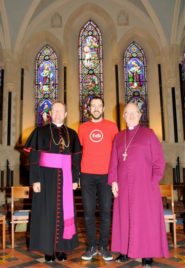 The Roman Catholic Archbishop of Armagh, the Most Revd Eamon Martin; director of the fleshandblood campaign, Matt Hollidge; and the Church of Ireland Archbishop of Armagh, the Most Revd Dr Richard Clarke at the launch of the fleshandblood campaign in St Patrick’s Cathedral, Dublin. 