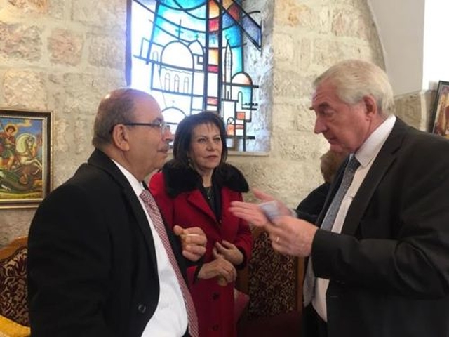 Coffee after church – Mr and Mrs Kopty with Jan de Bruijn in St George’s Cathedral, Jerusalem. 