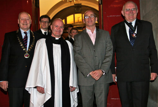 Alister White of the Masonic Old Boys Association; Revd David Gillespie, Vicar of St Ann’s; former Dublin Gaelic Footballer, Tommy Carr; and Keith Lewis of Mountjoy Mount Temple School at the 63rd Annual Ecumenical Service of Thanksgiving for the Gift of Sport in St Ann’s Church, Dawson Street.