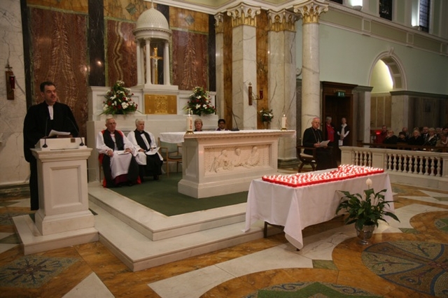 Pictured is the scene in the Chapel of the Mater Hospital at the annual ecumenical service to remember all those who have died over the last year in accident and emergency. The clergy pictured left to right are the Revd Conrad Hicks, the Methodist Chaplain, the Most Revd Dr John Neill, Archbishop of Dublin, the Revd Canon Katharine Poulton, Church of Ireland Chaplain, Susan Dawson, the Presbyterian Chaplain, Fr Vincent Xavier, the Roman Catholic Chaplain and the Most Revd Eamon Walsh, Auxillary Bishop of Dublin. The candles on the table represent all who have died in A&E in the Mater over the last year.